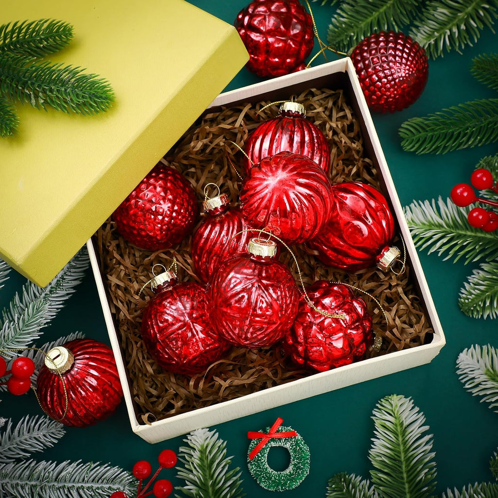 Christmas Red Glass Ball Ornaments, Tree Decoration - Set of 12