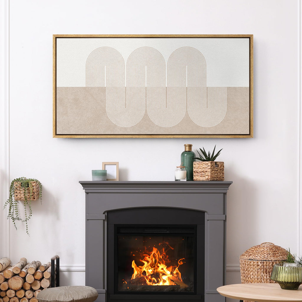 Extra Large Framed Canvas Print Wall Art Minimalist Line Art Curved Line Pattern in Neutral Beige Tones Geometric