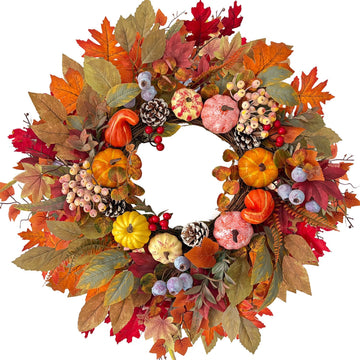 24In Fall Wreath Pumpkin Maple Berry Front Door Thanksgiving Decor