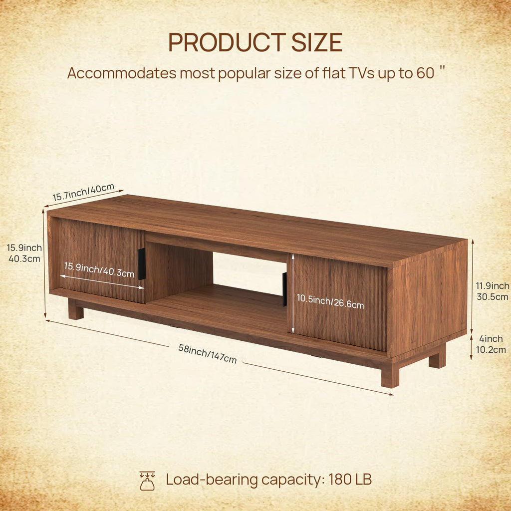 Fluted TV Stand, Mid Century Modern TV Stands, Walnut Entertainment Center for 55/60/65 Inch TV, Media Console with