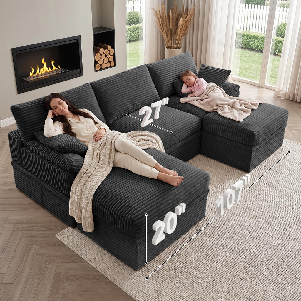 107" Boneless Couch with Storage, 48.6" Extra Deep-High Seat Modular Sectional Sofa with Ottoman, 3 Seater U Shaped
