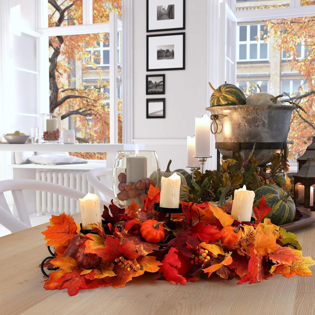 Fall Candleholder Centerpiece Maple Leaf Pumpkin Table,Bright Style