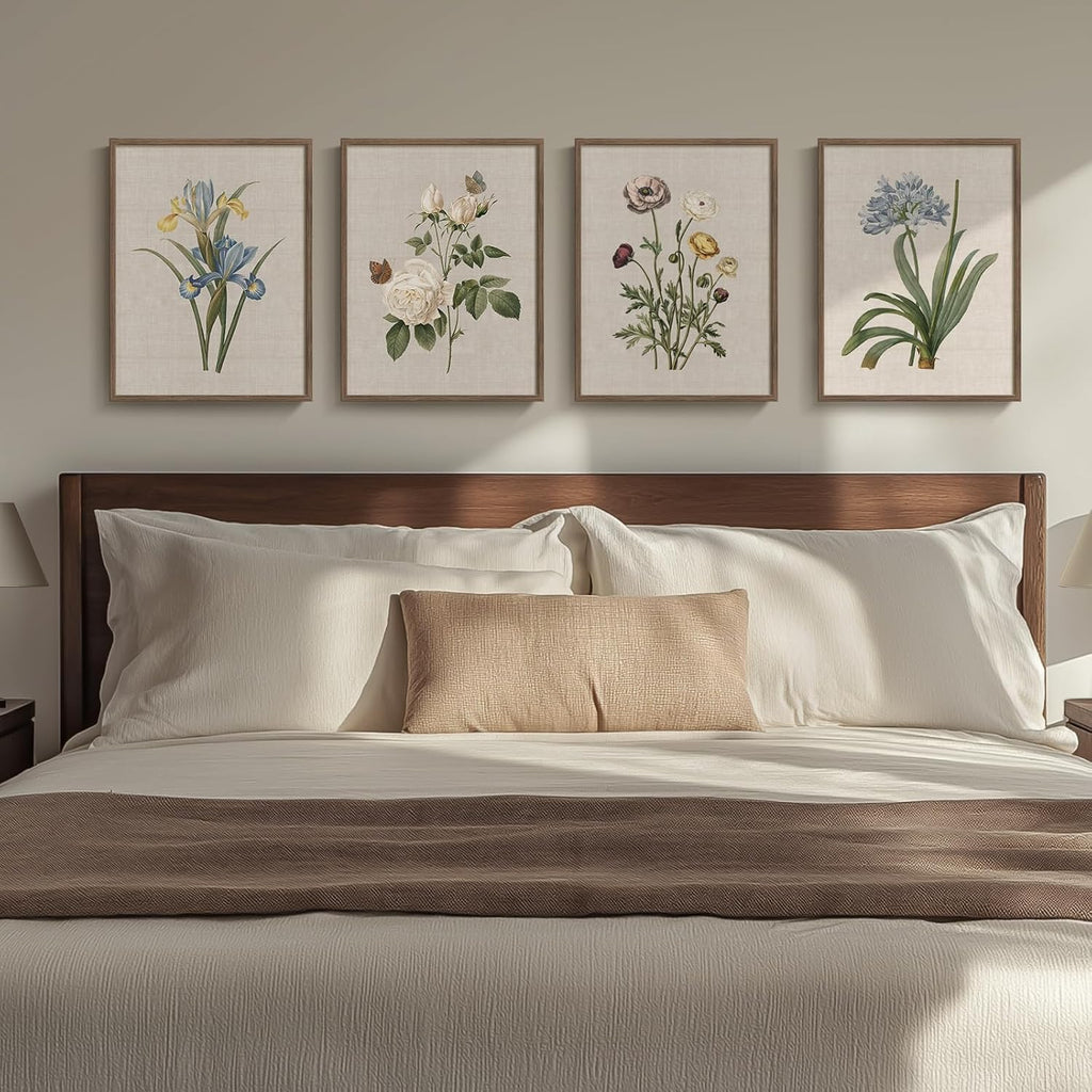 Framed Botanical Floral Wall Art, 4 Piece Vintage Flower Canvas Painting Prints, Rustic Floral Butterfly Pictures