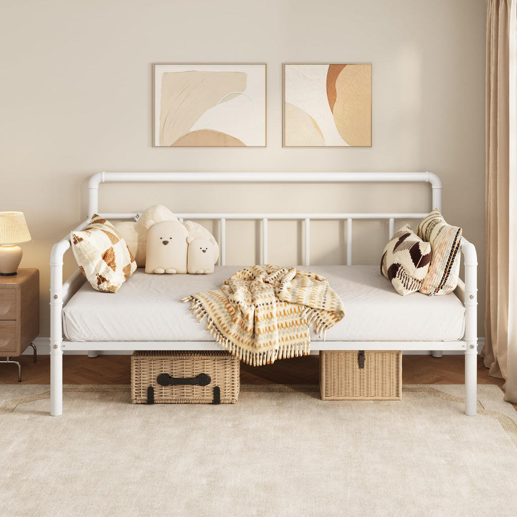 Twin Daybed with Classic Headboard, Metal Twin Bed Frame, White