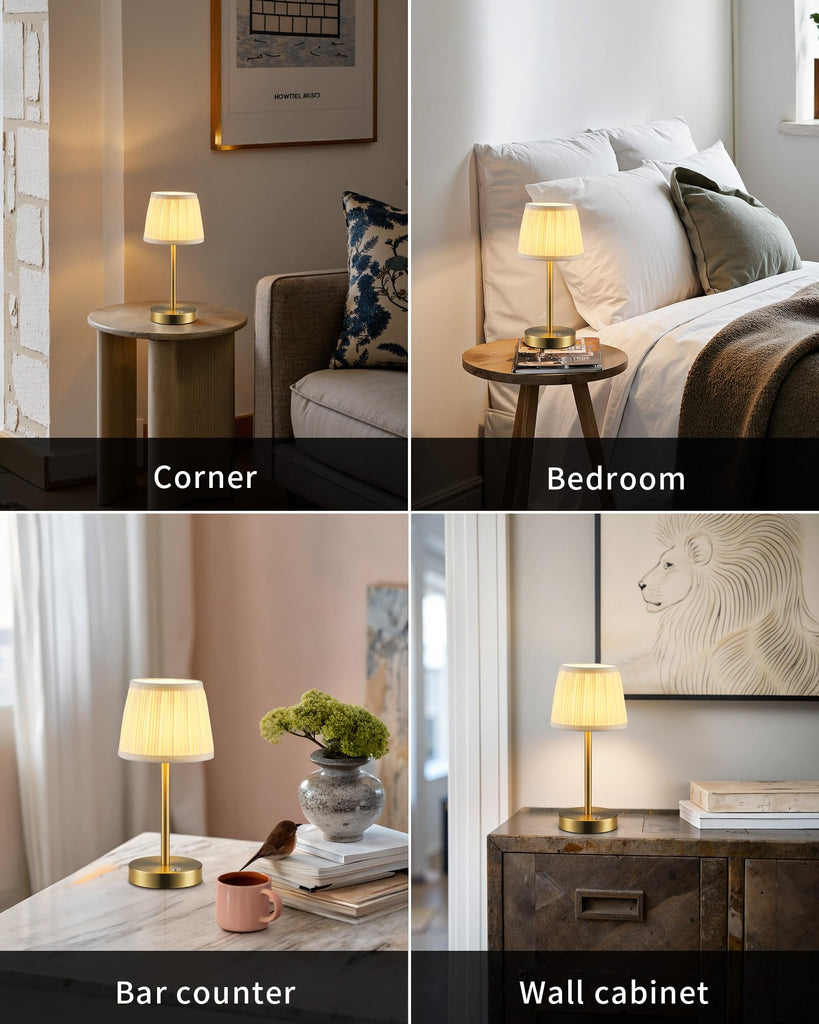 2 Pack Cordless Gold Table Lamps, Fabric Shade Bedside Small Lamp