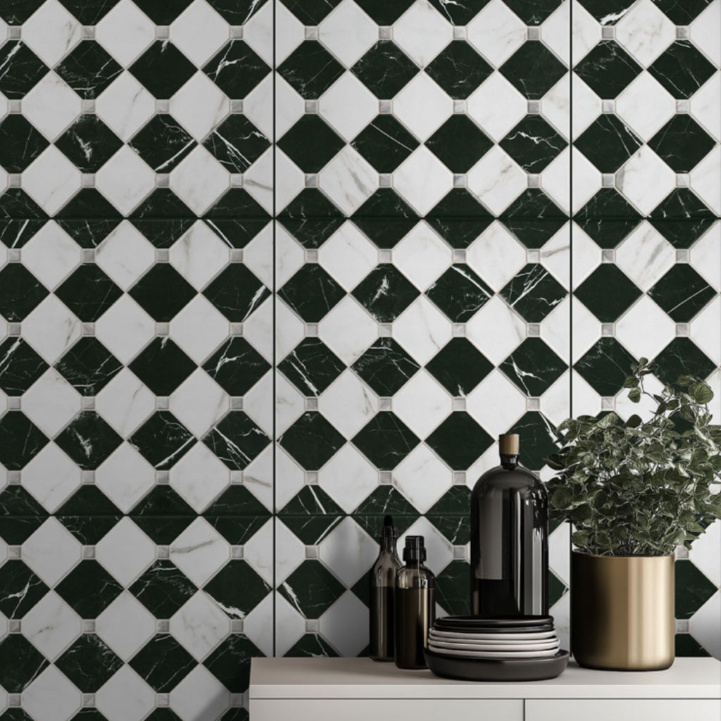 17" x 17" Black & White Matte Marble Look Checkerboard Porcelain Tile, Floor & Wall Tile, Fireplace & Commercial