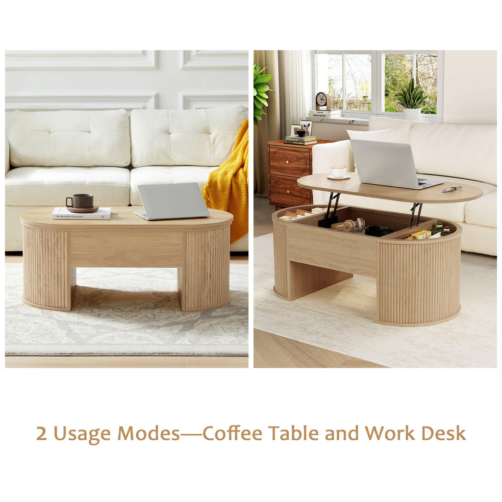 Fluted with Lifting Top, Oval Wood Lift Top with Hidden Compartment, Mid Century Pull up Center Tables - Natural