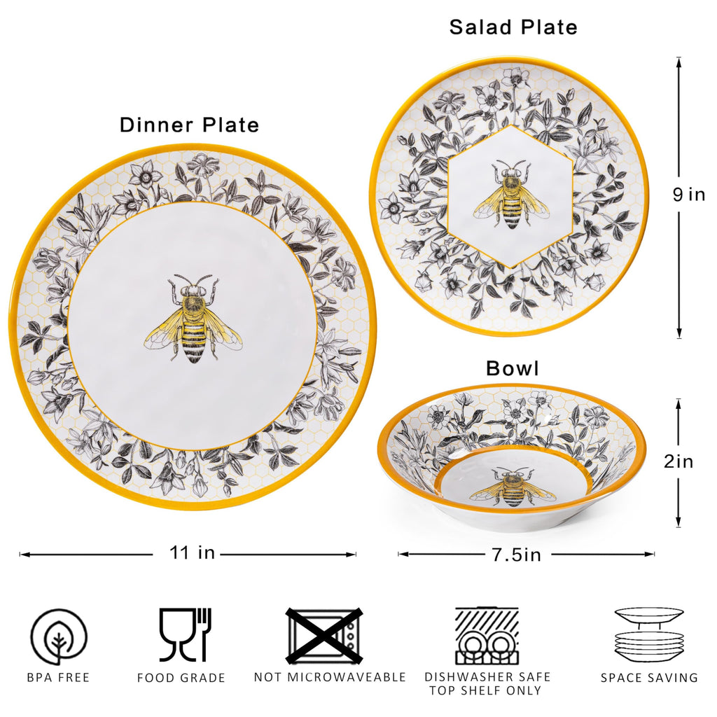 Honeycomb Bee Sweet 12-Piece Melamine Dinnerware Set, Floral Design