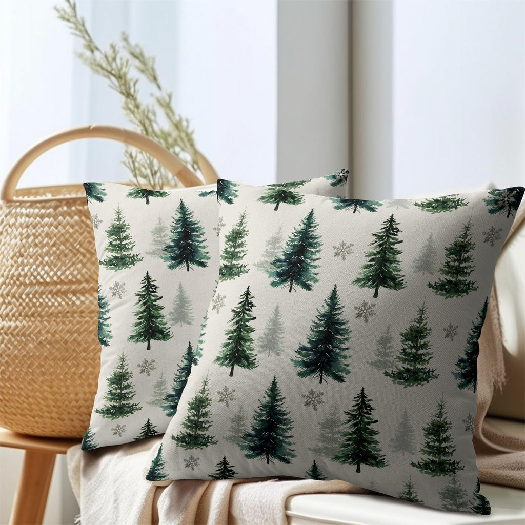Green Christmas Tree Throw Pillow Covers 16X16 Inches Set of 2 Winter Snowflake White Pillowcase Soft Cotton Linen