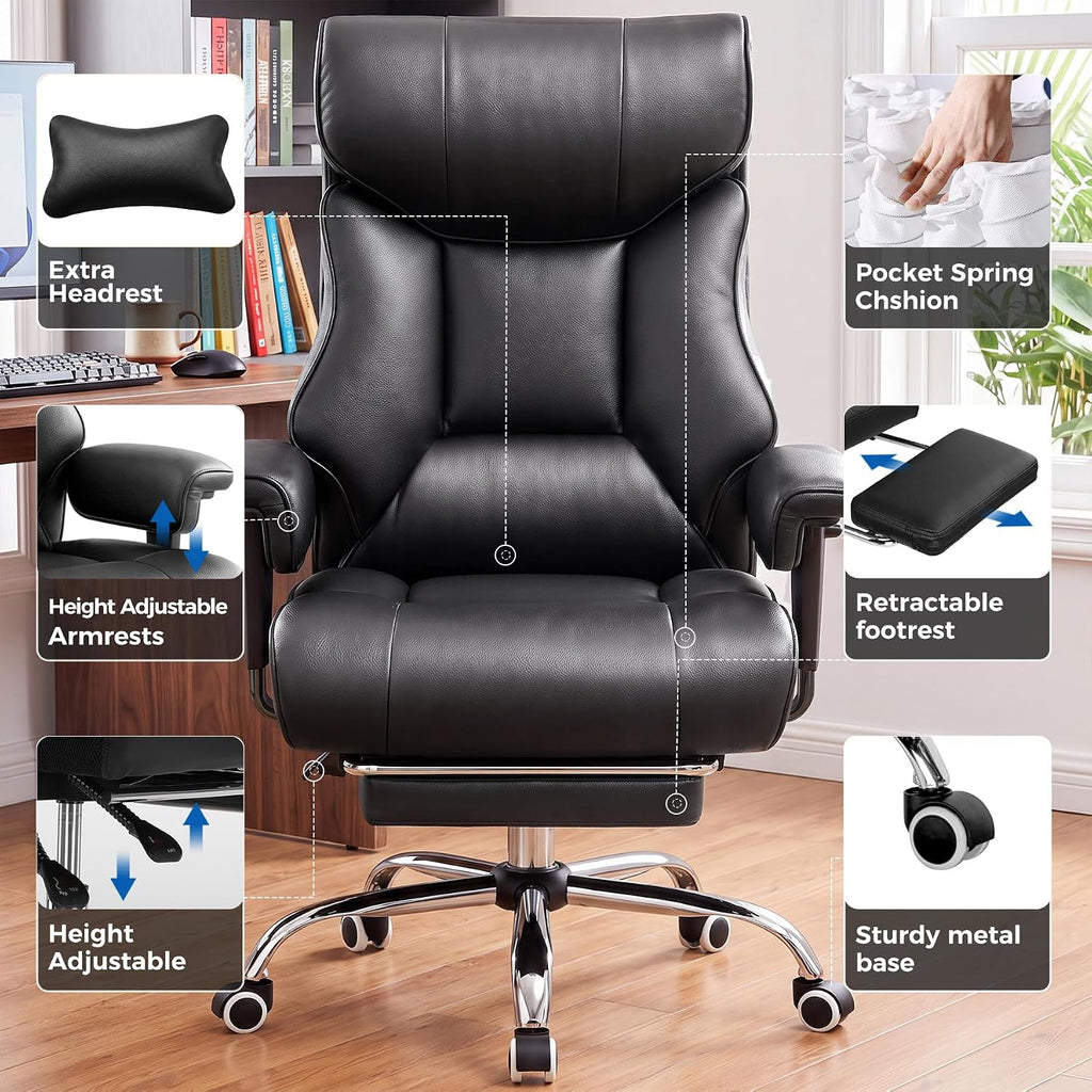 Big and Tall Office Chair,Heavy Duty Gaming Chair with Foot Rest and Wide Pocket Spring Cushion Reclining Height