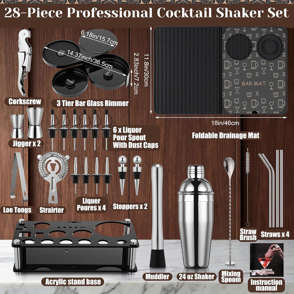 Cocktail Shaker Set and Bartender Kit with Stand, 18 x 12 Inch Folding Bar Mat with Cutting Board, 3 Tier Bar - Set of 28