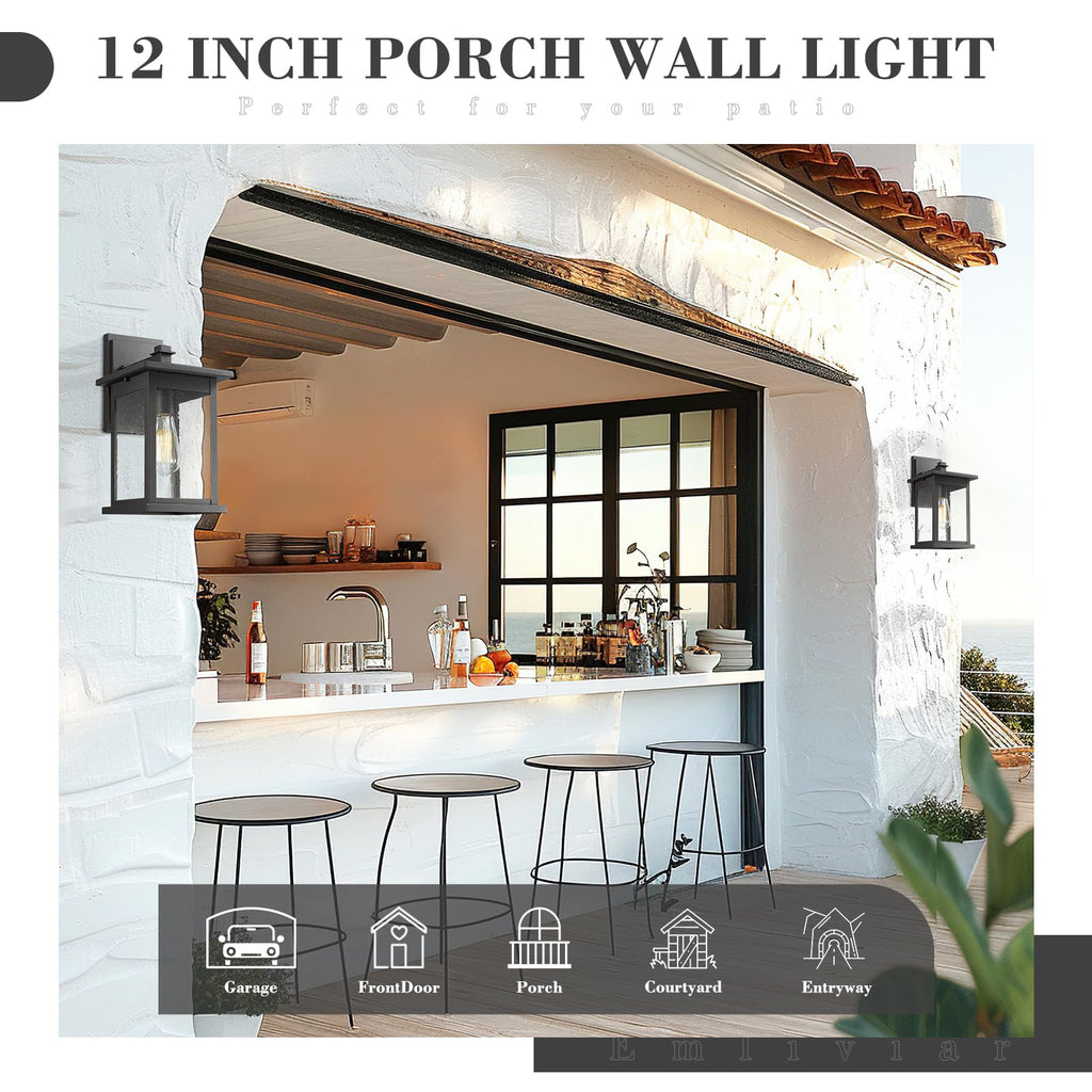 Outdoor Wall Sconce, 1-Light Exterior Wall Lantern in Black Finish with Clear Seeded Glass