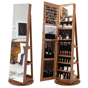 360° Rotating Mirror Jewelry Armoire, Freestanding Jewelry Organizer w/ 3-Color LED Lights, Full-length Mirror