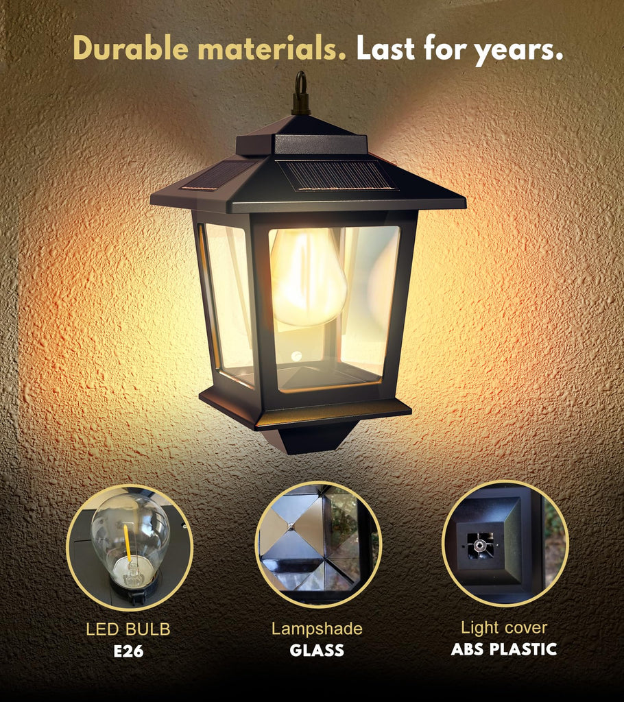 2 Pack Solar Wall Lanterns, Outdoor Hanging Lights with 4 Solar Panels, Dusk to Dawn Led Outdoor Wall Sconce, Anti-Rust