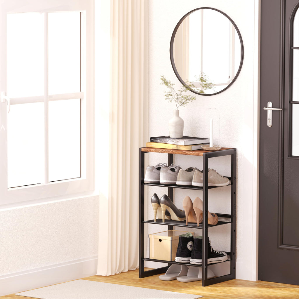 Narrow 4-Tier Shoe Rack, Slim Space-Saving Shelf with Decorative Wood Top & Steel Mesh, Entryway/Closet/Dorm