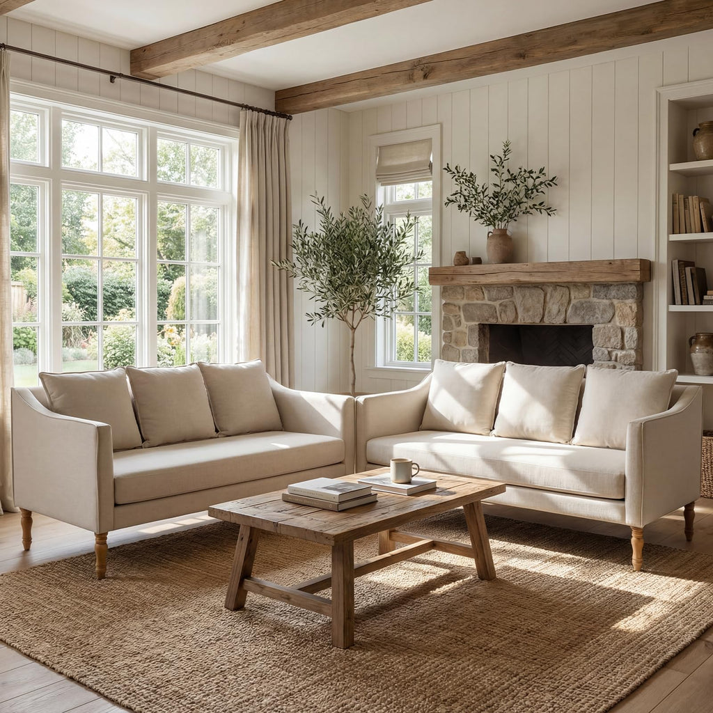 Farmhouse Couch Country Rustic Loveseat with Antique Wood Legs 63" Long Sofa with One Piece Complete Cushion Seat
