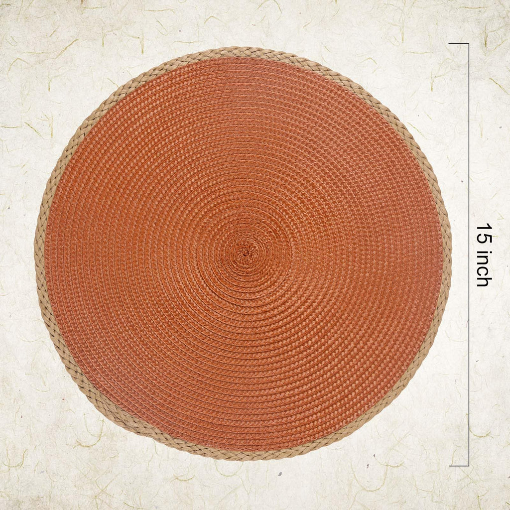 Round Placemats Set of 8, Woven Table Mats, Thin Edge, Dark Orange
