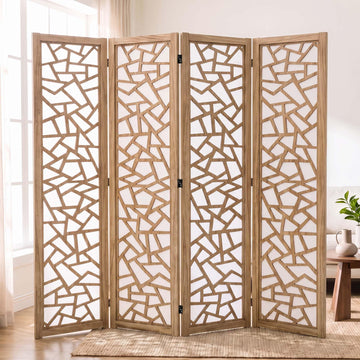 5.6FT Japanese Geometric Fabric 4-Panel Room Divider, Natural