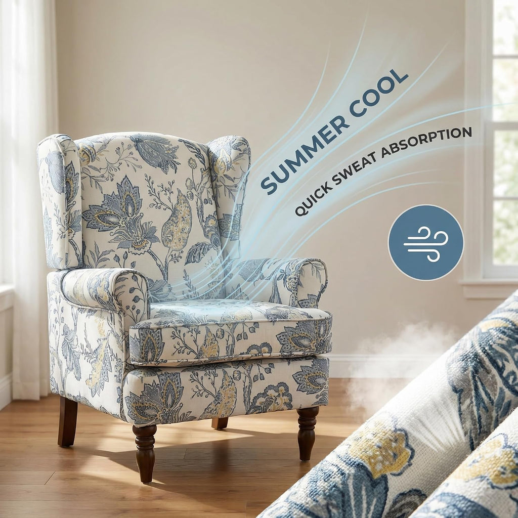 Mid Century Wingback Accent Chairs Set of 2 Blue Floral | Retro Wooden Legs Modern Linen Upholstered Armchair Floral