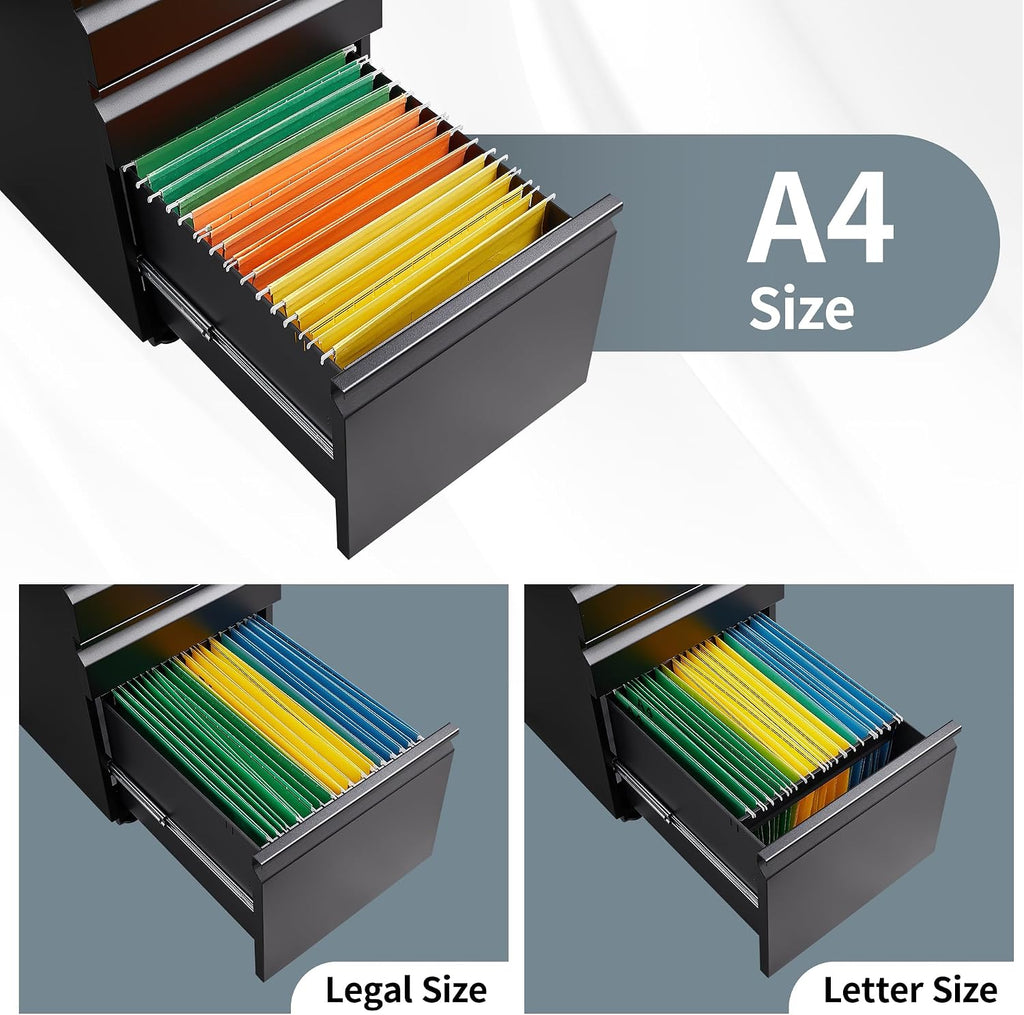 3 Drawer File Cabinet , Under Desk Mobile Filing Cabinet with Lock for A4-Size/Letter-Size/Legal-Size, Black (HSEJ-3D)