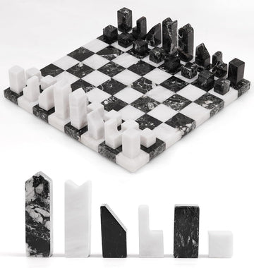Modern Chess Set - Handcrafted Borderless Marble Chess Board with Minimalist Geometric Pieces, Luxury Decorative