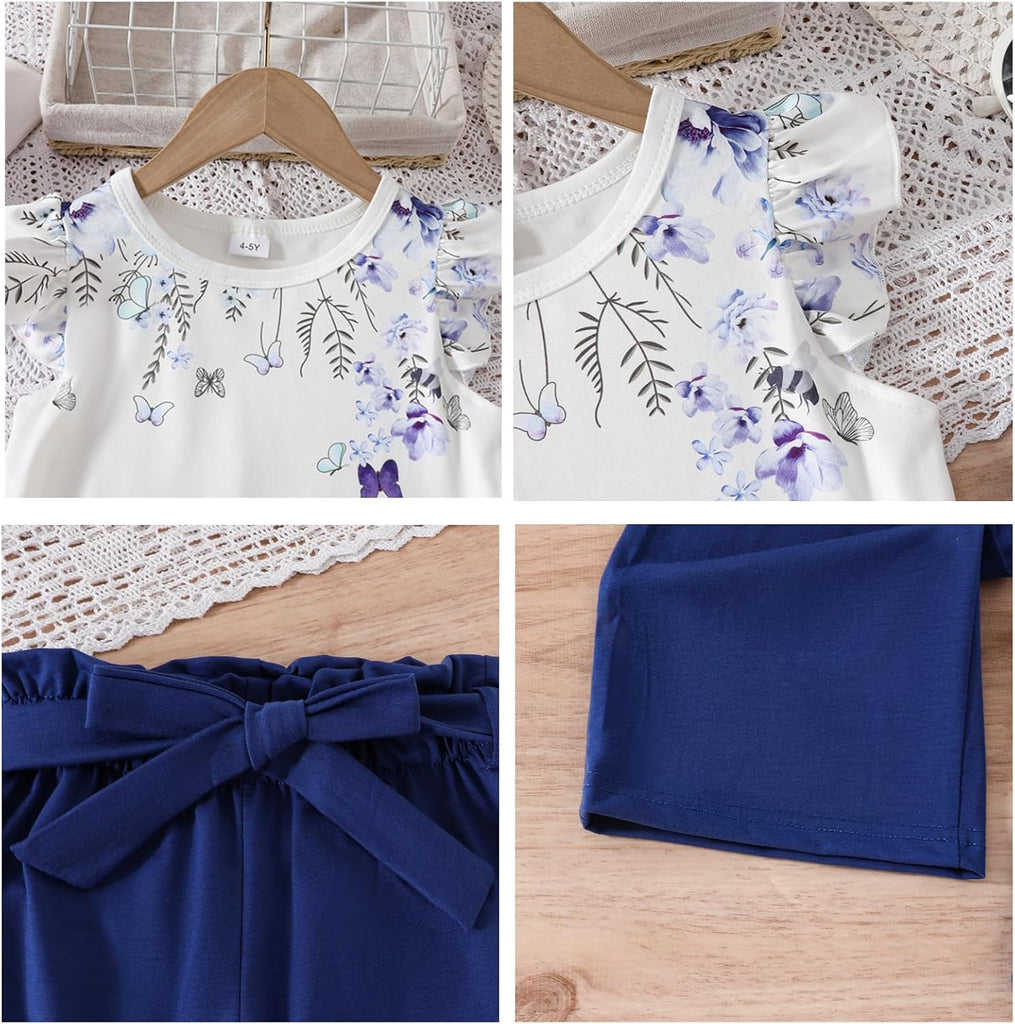 Toddler Kid Girl Clothes Casual Ruffle Sleeve Floral Printed Top Solid Pants with Belt 3PC Outfit Set
