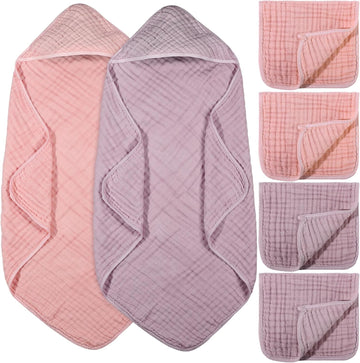 6 Pcs Muslin Hooded Baby Bath Towel and Washcloth Set,Pink, Rose