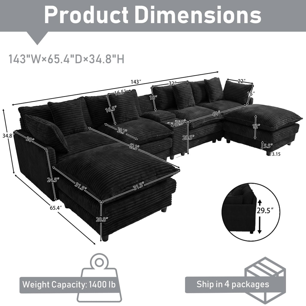 143" Oversized U-Shaped Cloud Sectional Sofa, Black
