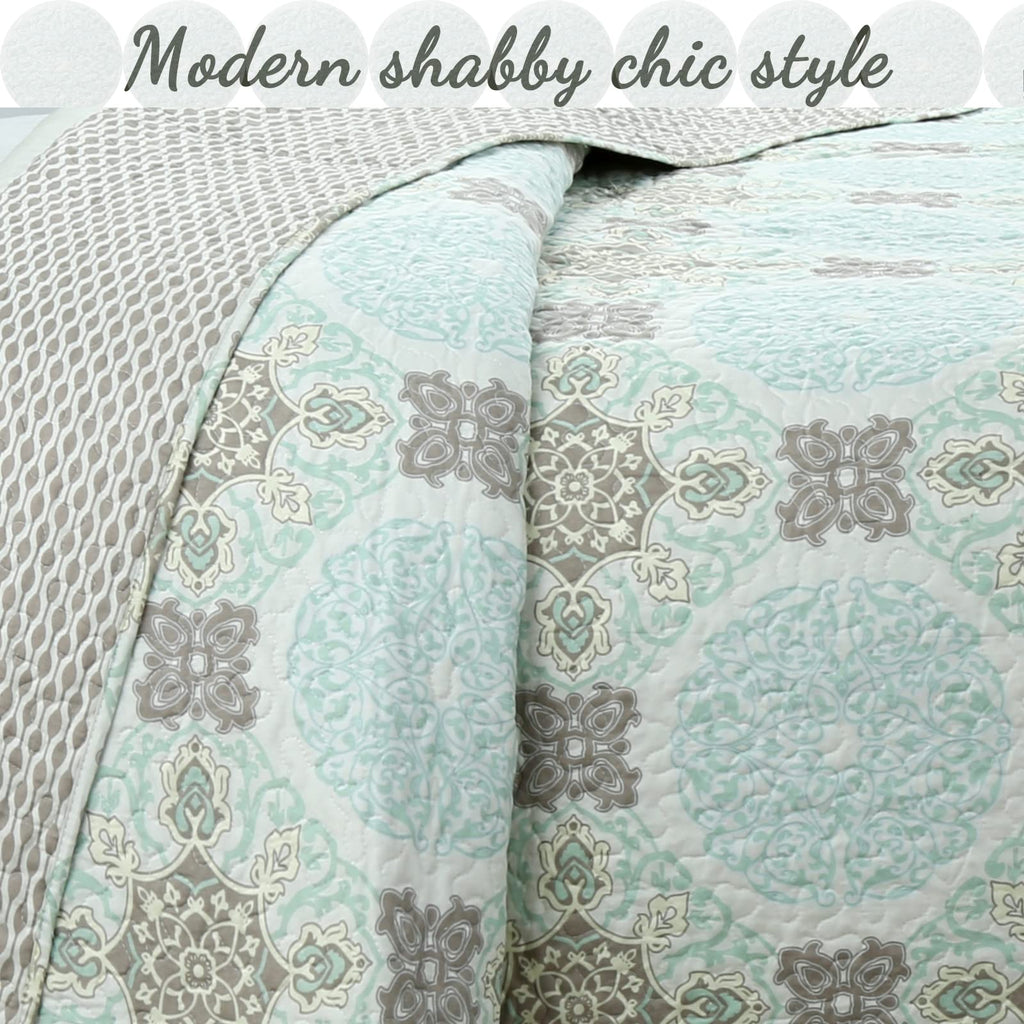 Mint Grey Modern Medallion Damask Reversible Quilt Bedding Set, Lightweight Bedspread Coverlet for All Seasons (Aqua
