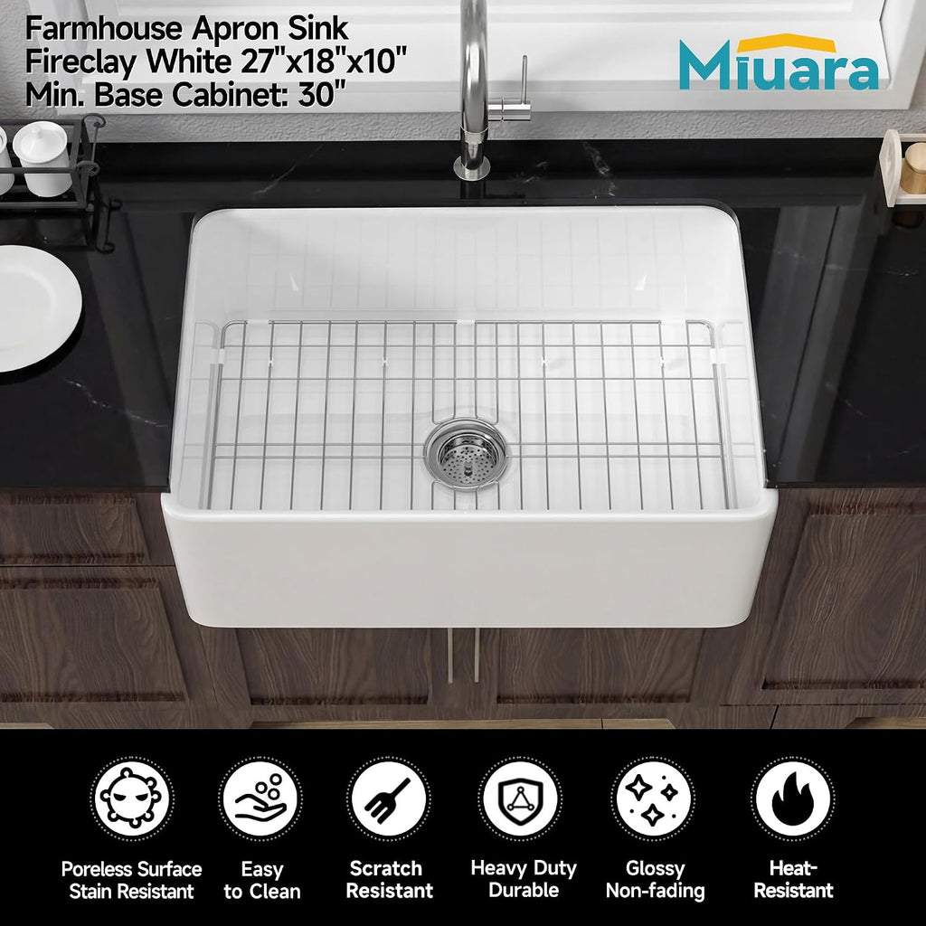 Farmhouse Sink 27 x 18 Inch White Fireclay Apron Front Kitchen Sink | & laundry,Heavy duty single bowl, Resistant to