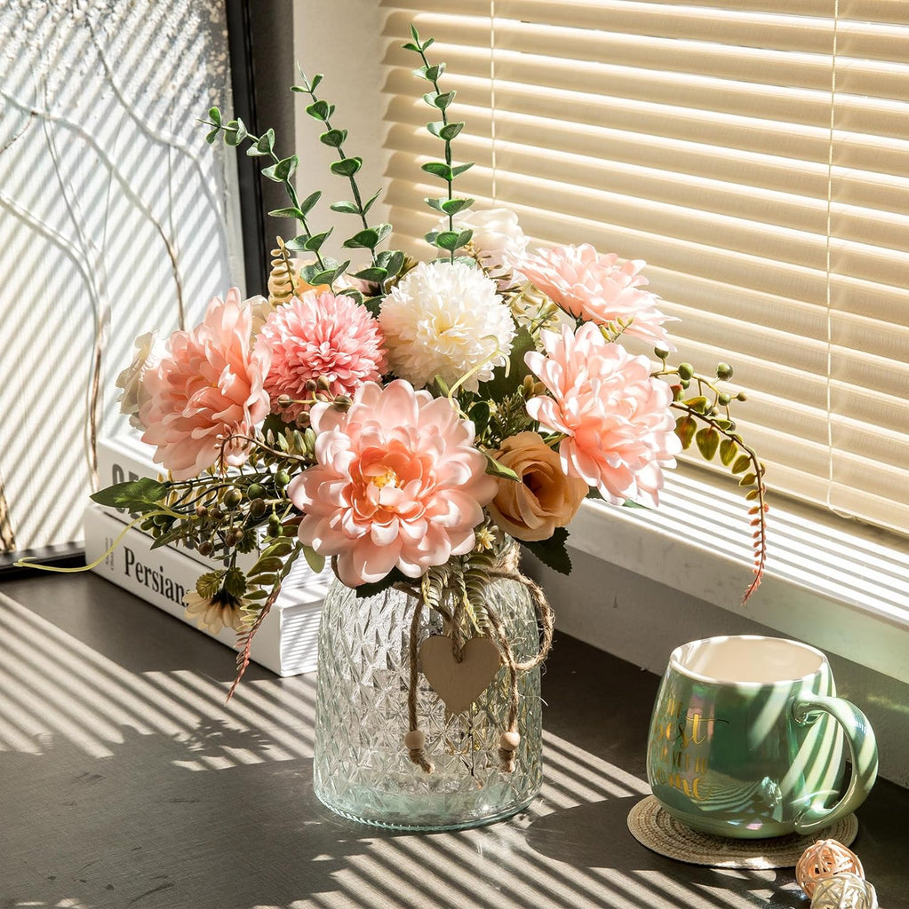 Fake Flowers with Vase,Faux Flowers in Vase Decor,Silk Pink Dahlia Artificial Flowers with Vase for Coffee Table