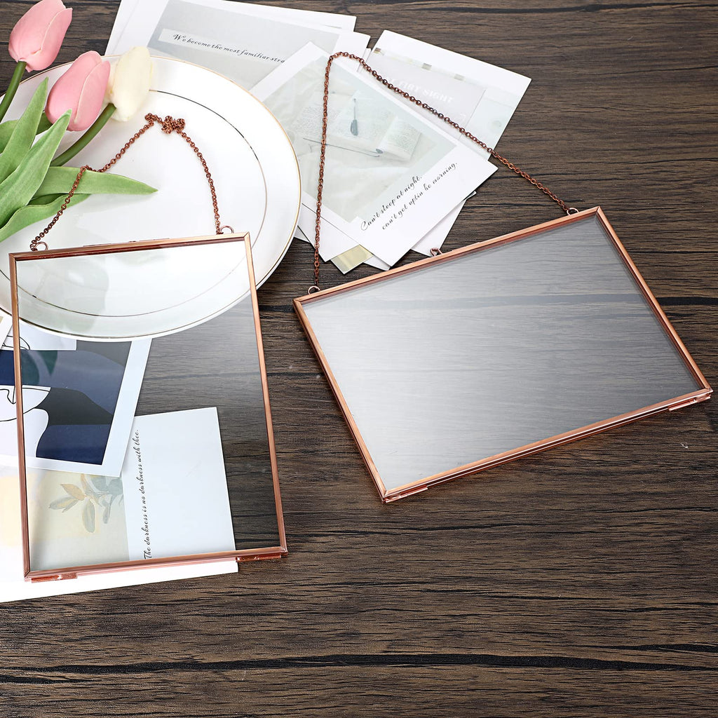 Set of 2 Rose Golden Brass Picture Frames, Floater Frame, Wall Hanging, 4x6 inches, Modern Art Design, Double Glass