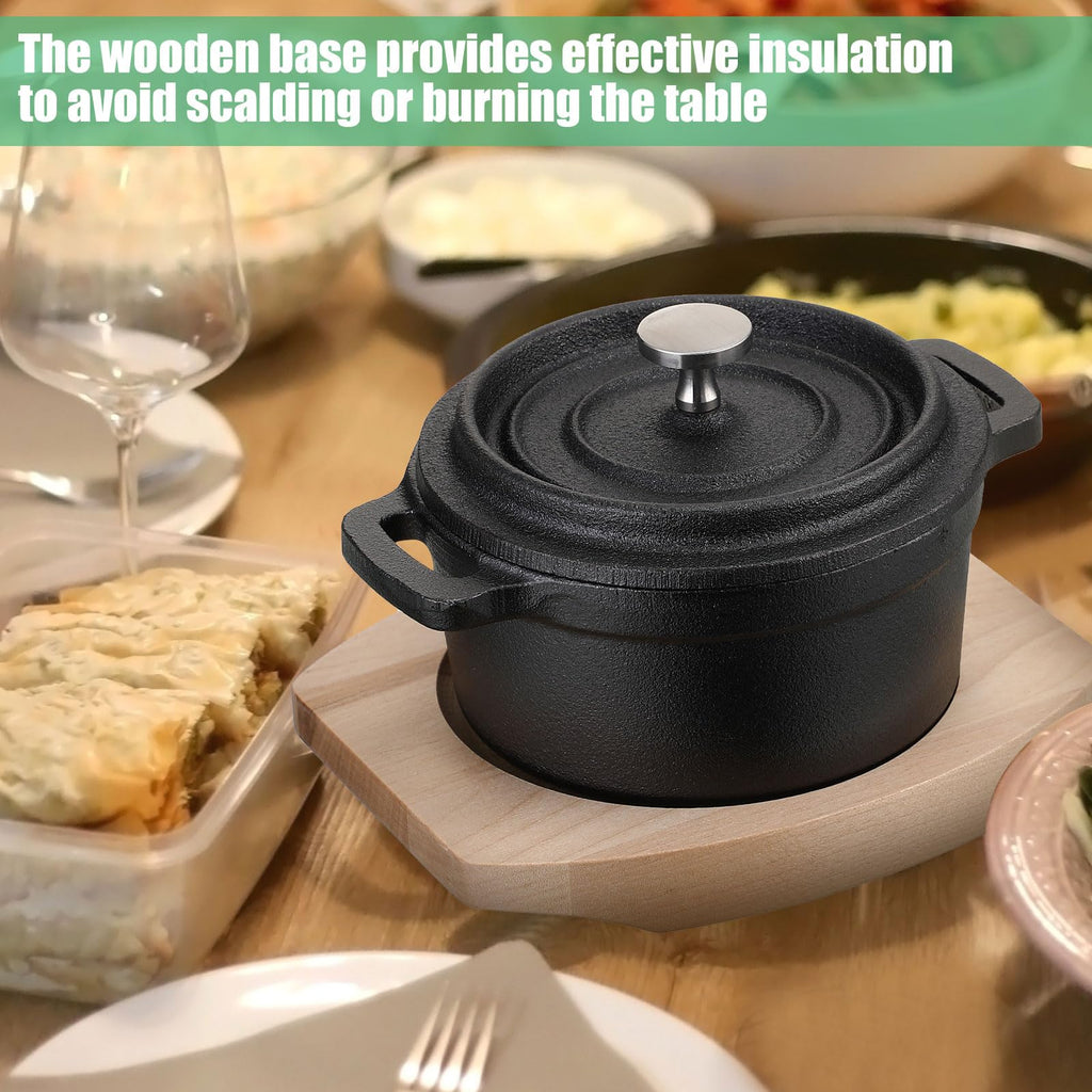 2 Sets 17 oz Mini Dutch Oven Cast Iron Pot with Lid Wood Base