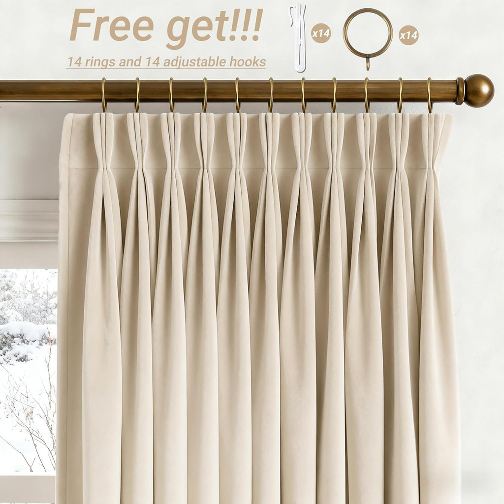 Triple Pinch Pleat Cream Velvet Curtains 96 inches Long Living Room Darkening Curtain Neutral Modern Farmhouse French