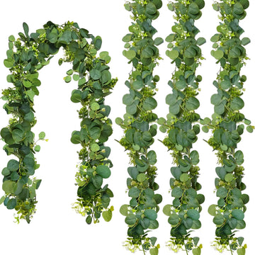 4 Packs 5.74 Ft Artificial Eucalyptus Garland Leaves with Flowers Artificial Fake Greenery Hanging Vines for Wedding