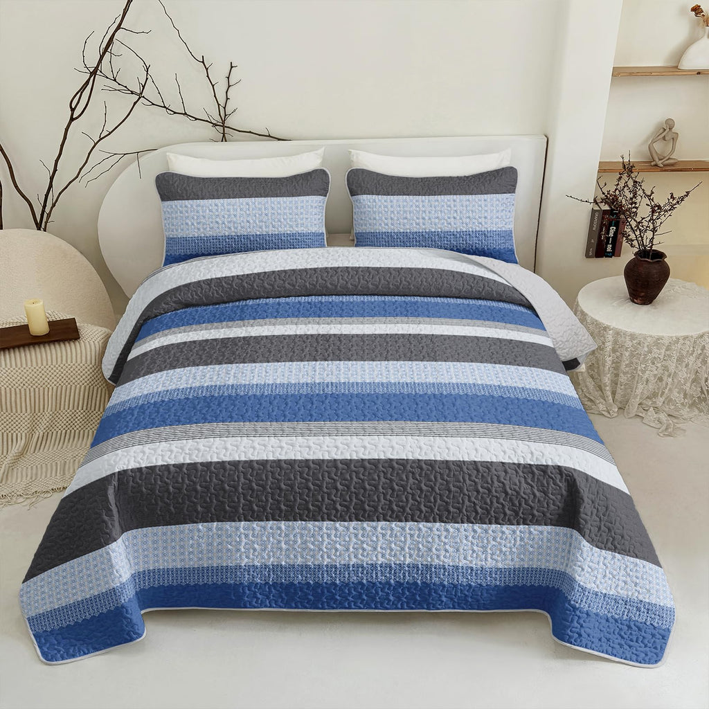 Grey and Blue Stripe Quilt Set, Grey Blue Boho Geometric Bedspread, 3 Pieces Patchwork Stripes Bed Cover