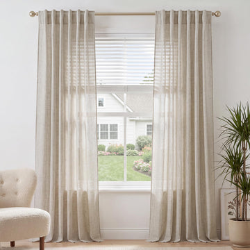Linen Curtains 96 Inches Long, Begie Neutral Farmhouse Light Filtering Semi Sheer Drapes 8ft, Window Treatment with
