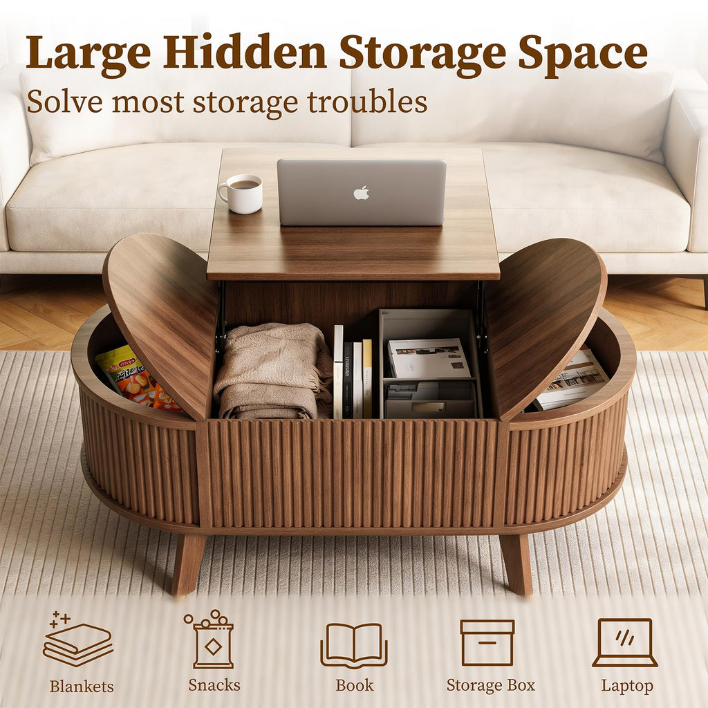 39.4" Oval Fluted Coffee Table with Lift Top, Hidden Storage, Walnut