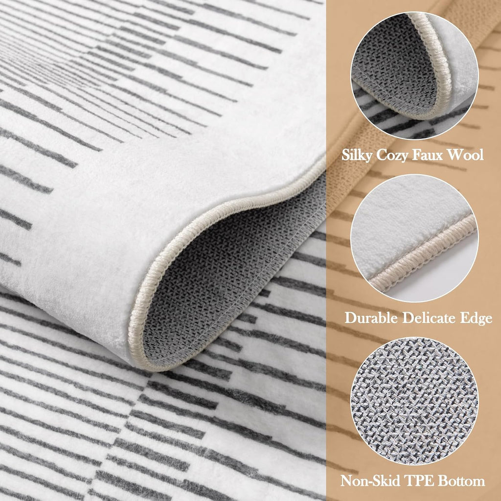 Washable Striped Rugs, Non-Slip Soft Grey Berber Stripe Bedroom Rug, Low Pile Minimalist Floor Carpet Living