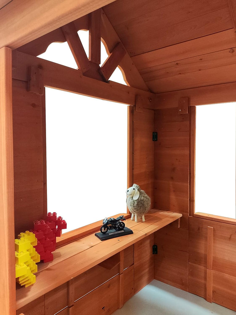 Kids Outdoor Playhouse, Wooden - 42"x46"x55", Golden Red | 100% Fir Wood, Rot-Resistant, 2 Windows + Flowerpot