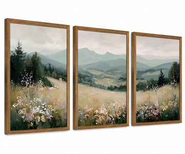 Minimalist Mountain Triptych Wall Art Set of 3, Foggy Wildflower Canvas