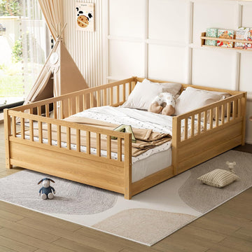 Full Size Montessori Floor Bed with High Rails, High Rails Floor Bed with Slats and Fence, Easy Assemble Montessori