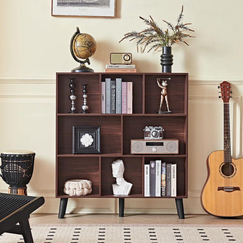 8 Cube Bookshelf, Mid-Century Modern Book Shelf with Legs, Walnut