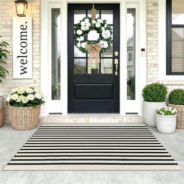 3'x5' Cotton Area Rug, Black and Beige Striped Outdoor Rug, Hand-Woven, Machine Washable, Perfect for Front Door