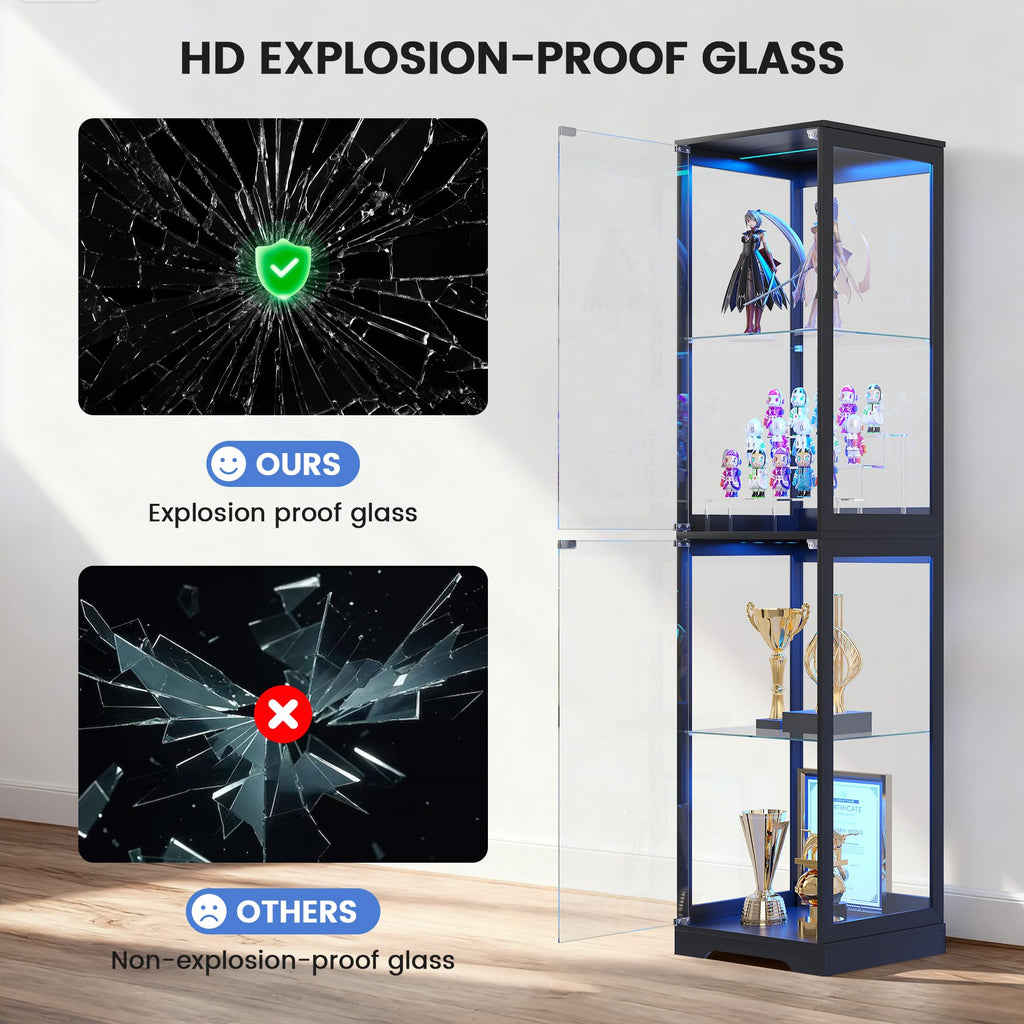 Glass Display Cabinet with Doors and LED Light, 2PC Black