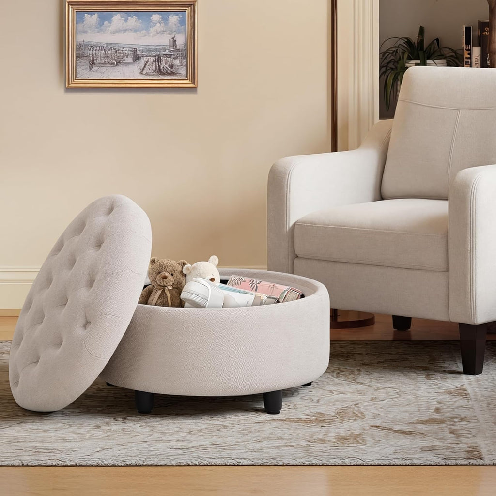 Fabric Round Storage Ottoman with Reversible Tray Lid - Multi-Functional Footrest, Hidden Storage, Sturdy & Stylish