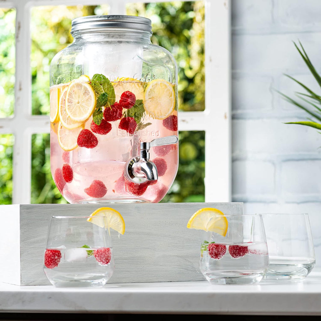 1 Gallon Glass Water Dispenser with Stainless Steel Spigot + Marker & Chalkboard, & Ice Cylinder - 100% Leakproof