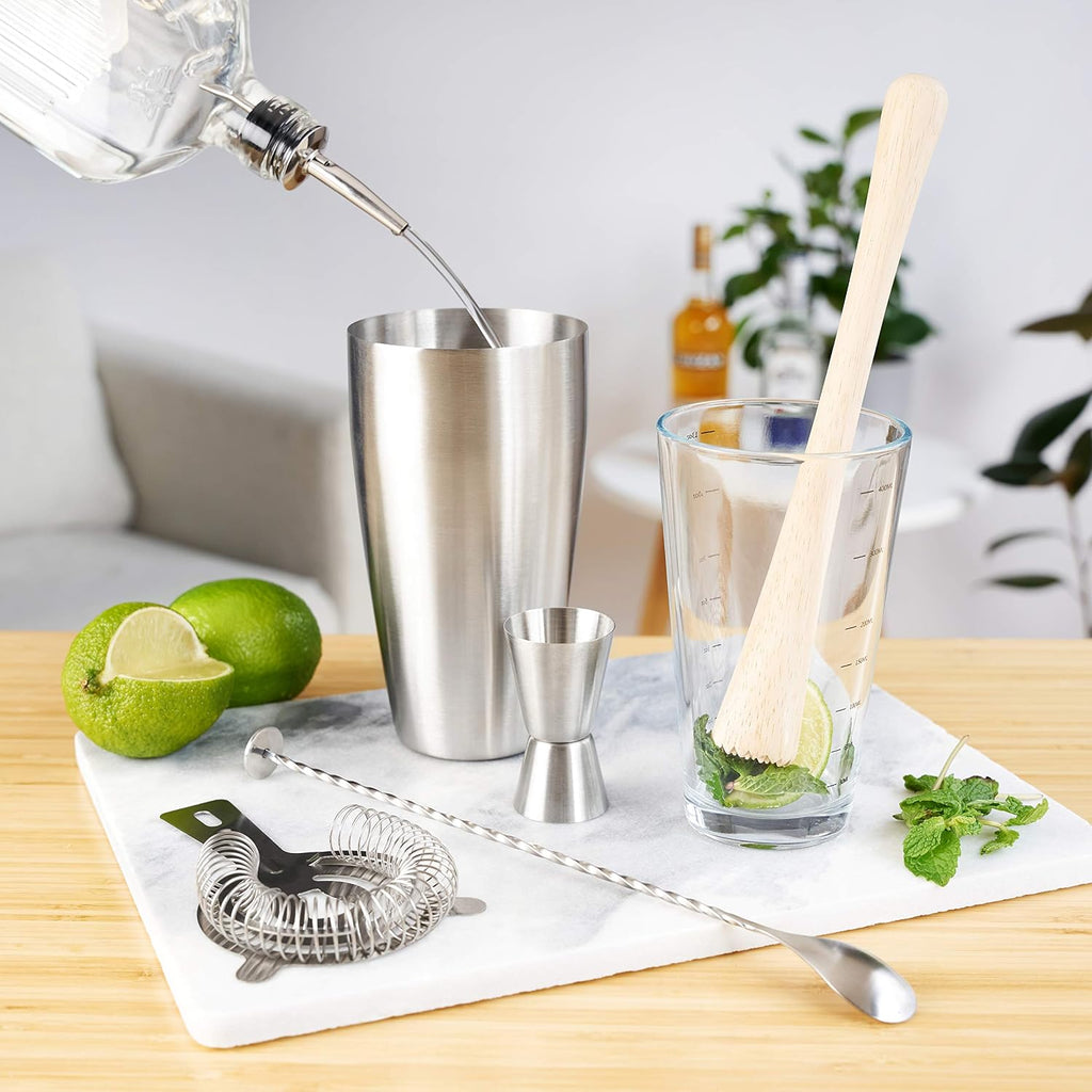 7-Piece Barware Set for Mixed Drinks and Cold Brew Cocktails, Includes Boston Cocktail Shaker Tin, Mixing Glass - Set of 7