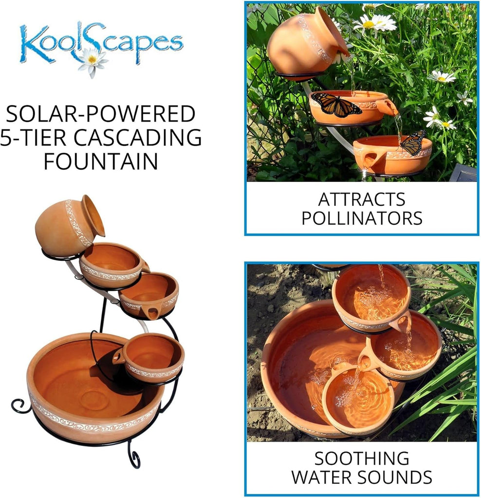 Koolscapes Solar-Powered 5-Tier Cascading Fountain, Terracotta Clay Pots, Self-Contained Water Feature