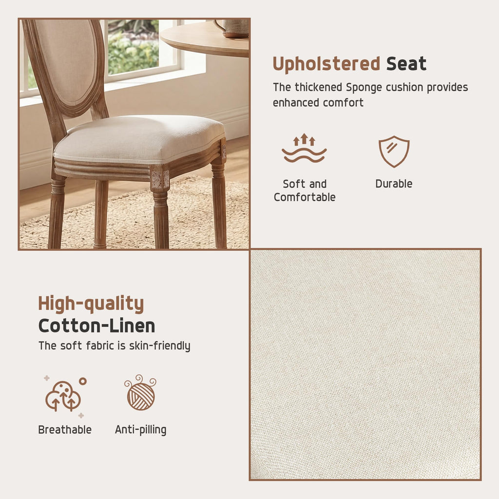 Dining Chairs Set of 2 Beige Fabric Round Back with Solid Wood Legs and Frame for French Country Kitchen Dining Room